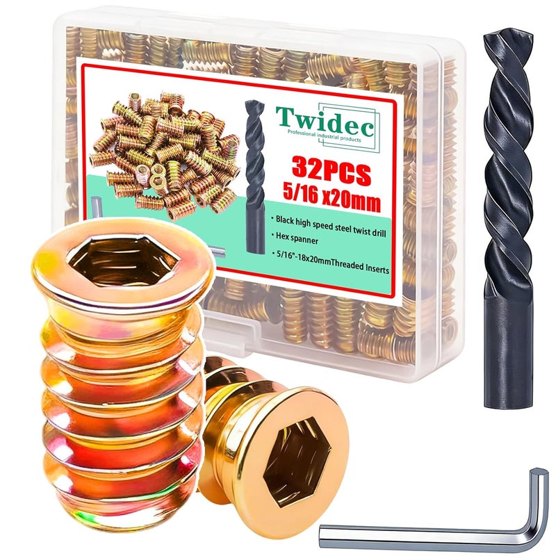 Twidec /32PCS 5/16"-18 Threaded Inserts for Wood Furniture Screw-in Nut Wood Inserts Bolt Assortment Kit with M8 Hex Wrench (5/16"-18 x20mm) - Image 1